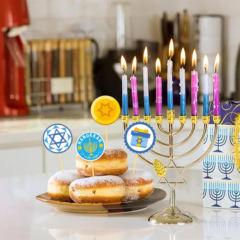 Moitkptt 24Pcs Hanukkah Cupcake Toppers, Glitter Star of David Candlestick Hexagram Chanukkah Cupcake Toppers for Hanukkah Party Decorations Supplies (print) - Image 4